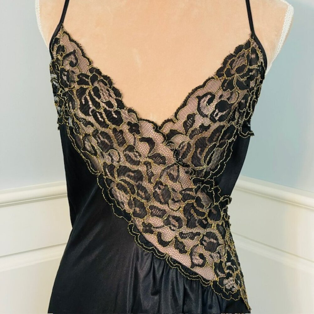 Colesce Collection Vintage 80s Black Gold Sheer Lace Lingerie Maxi Slip Dress 1X - Picture 3 of 12